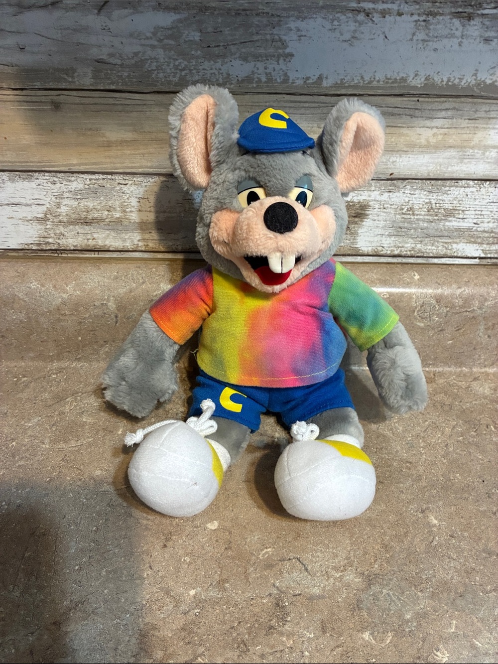 Chuck E. Cheese Plush Gray Mouse Toy with Rainbow Shirt and Blue Shorts